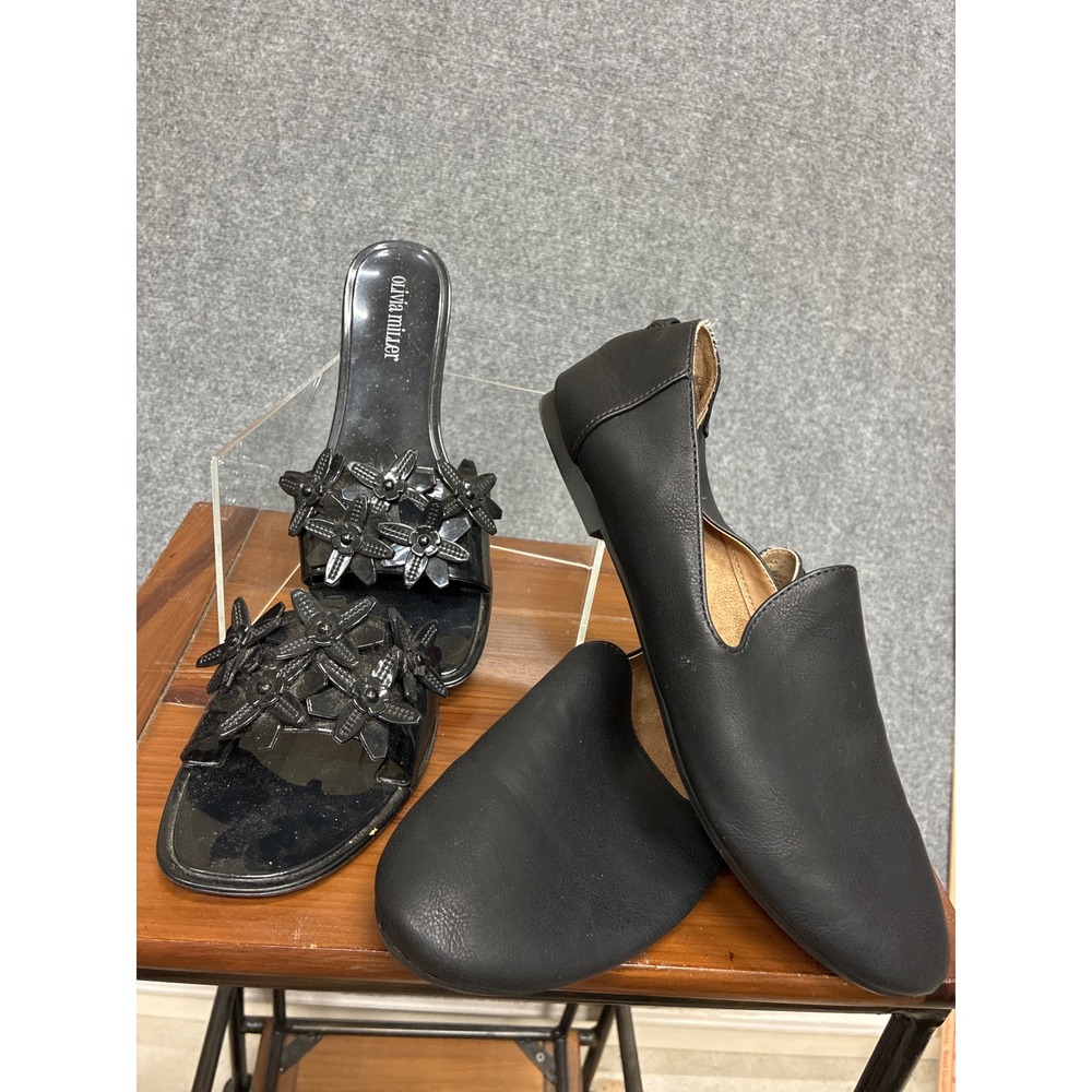 Lot of 2 Olivia Miller Floral Jelly Slides & Adorah Black Loafers Bundle Sz 9